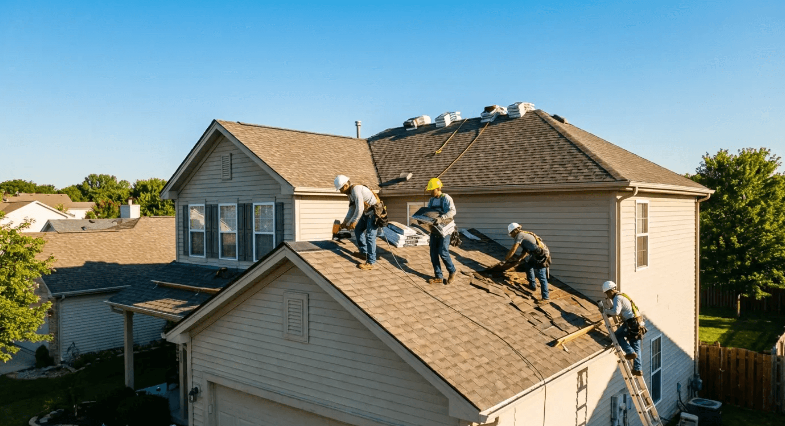 Roofing crew replacing shingles, showing the best time to replace your roof before leaks start.