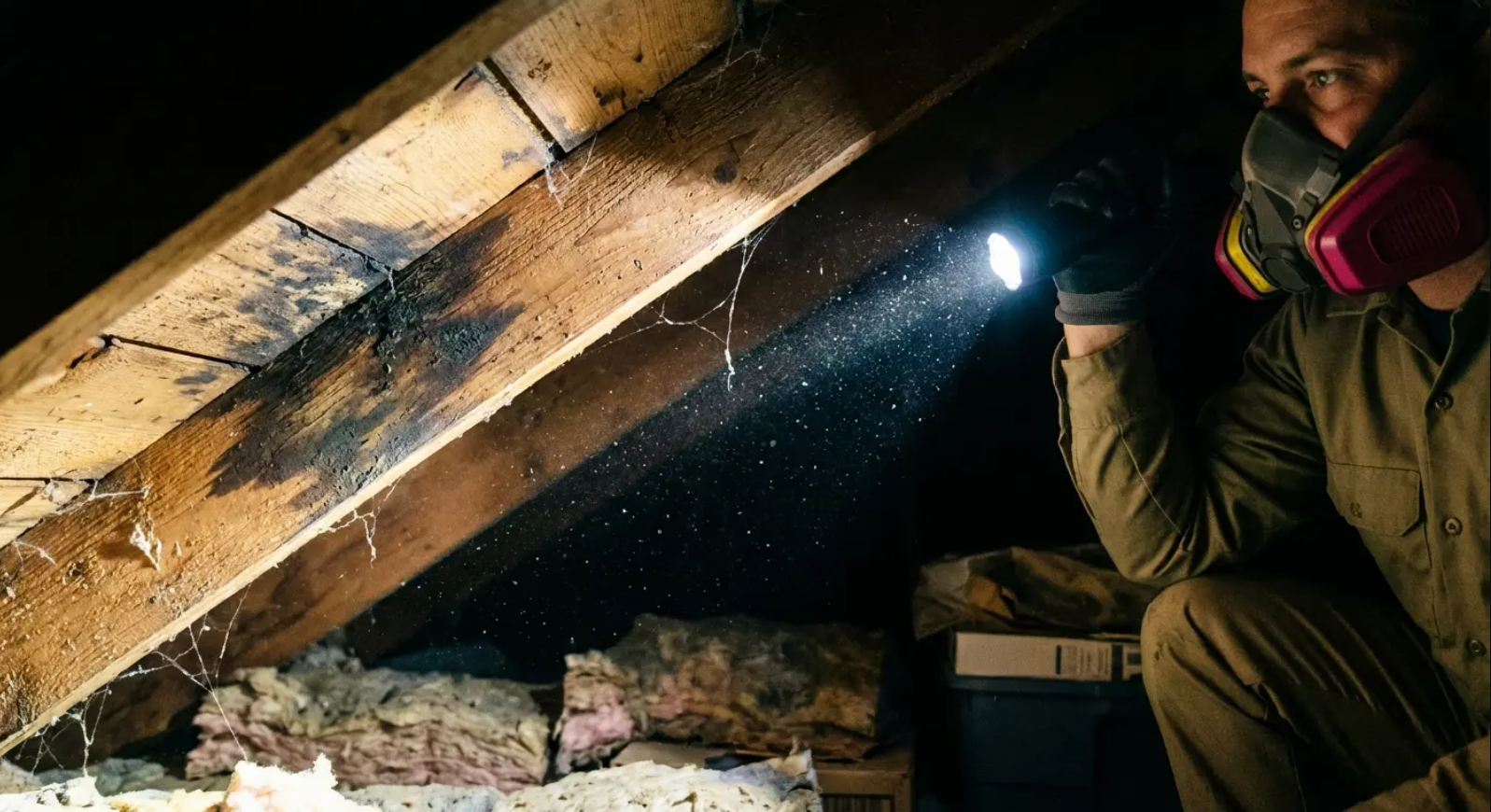 Our technician inspects an attic rafter with a flashlight to locate moisture for roof leak repair.