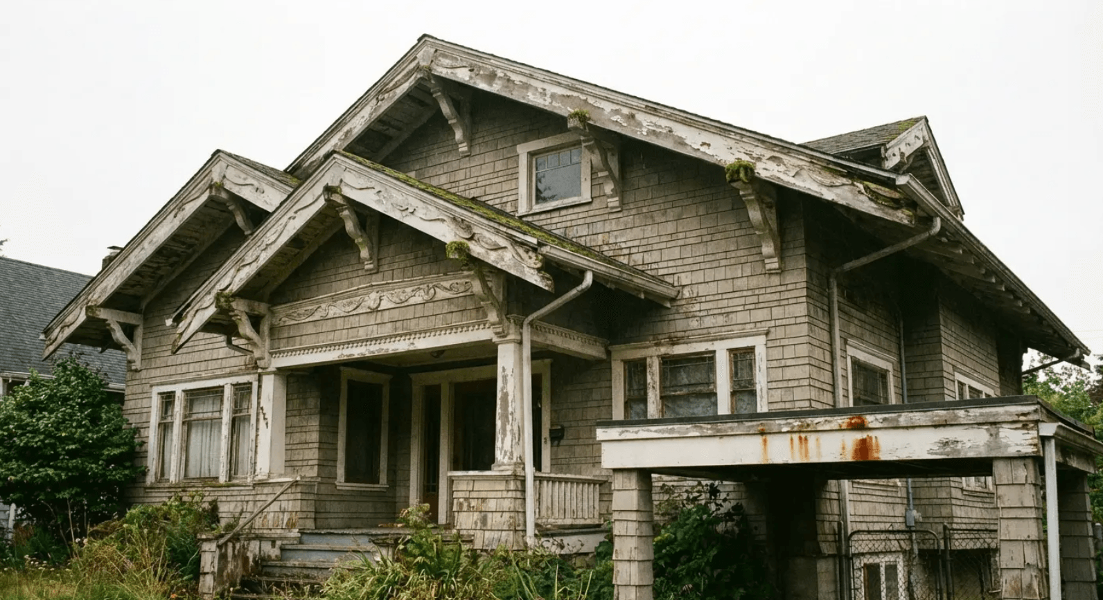 Weathered Craftsman bungalow with multi-gable roof - among the different types of houses, one of the most complex to reroof correctly