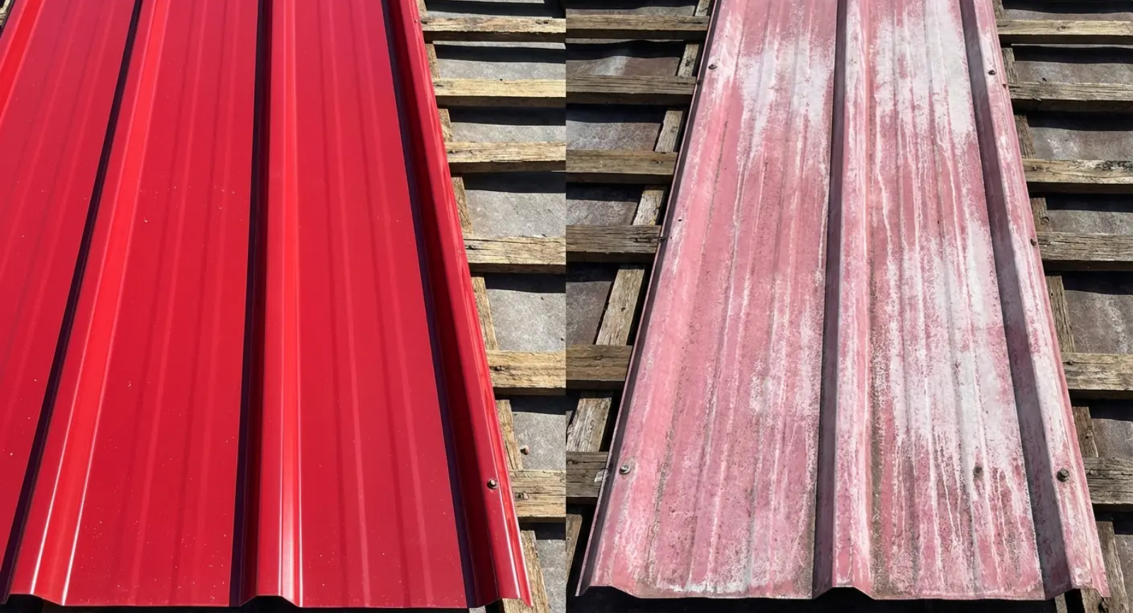 Red metal roofing panel compared to a weathered panel, showing the effects of time and wear.