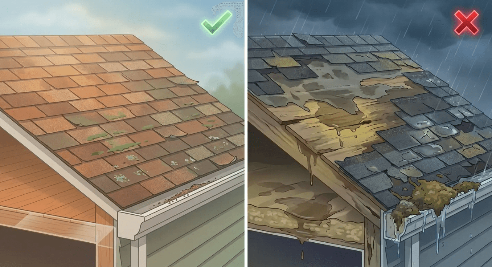 Illustrated comparison of a well-maintained roof versus one in active failure - the visual difference roof residential longevity depends on