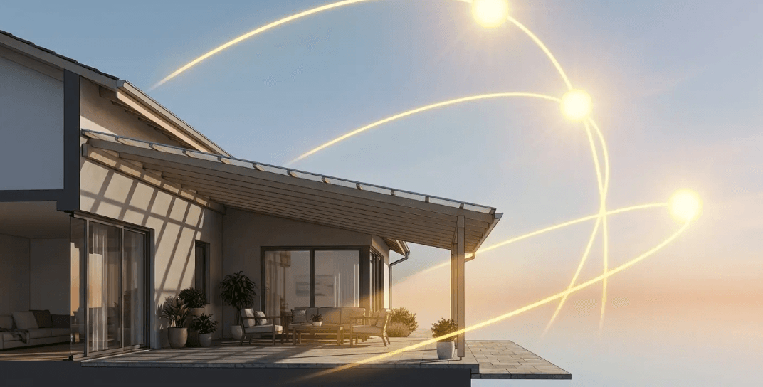 Sun path illustration showing how extension patio roof ideas can optimize shade and winter sunlight exposure