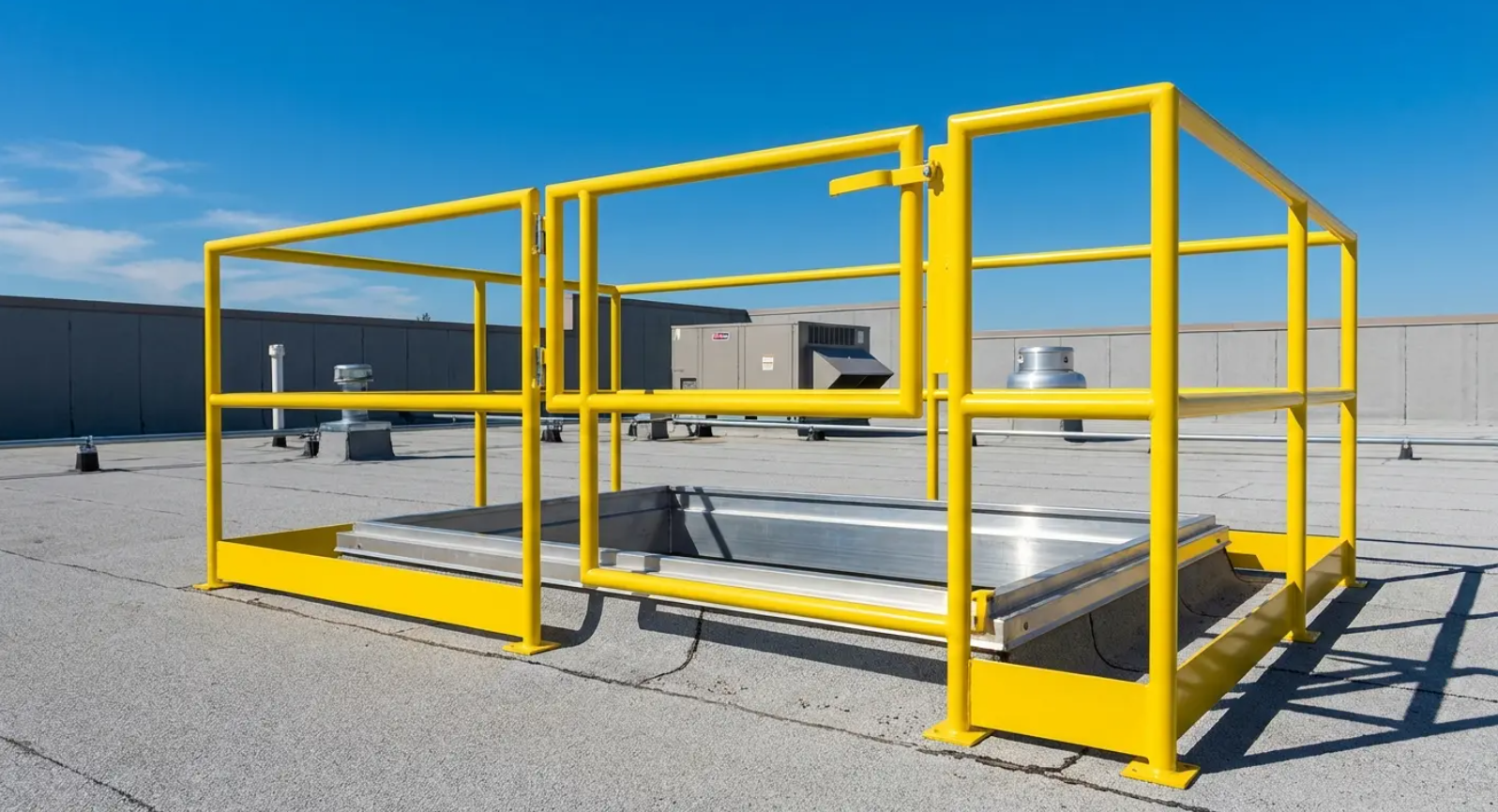 Yellow safety railing around a skylight on a flat rooftop against a blue sky.