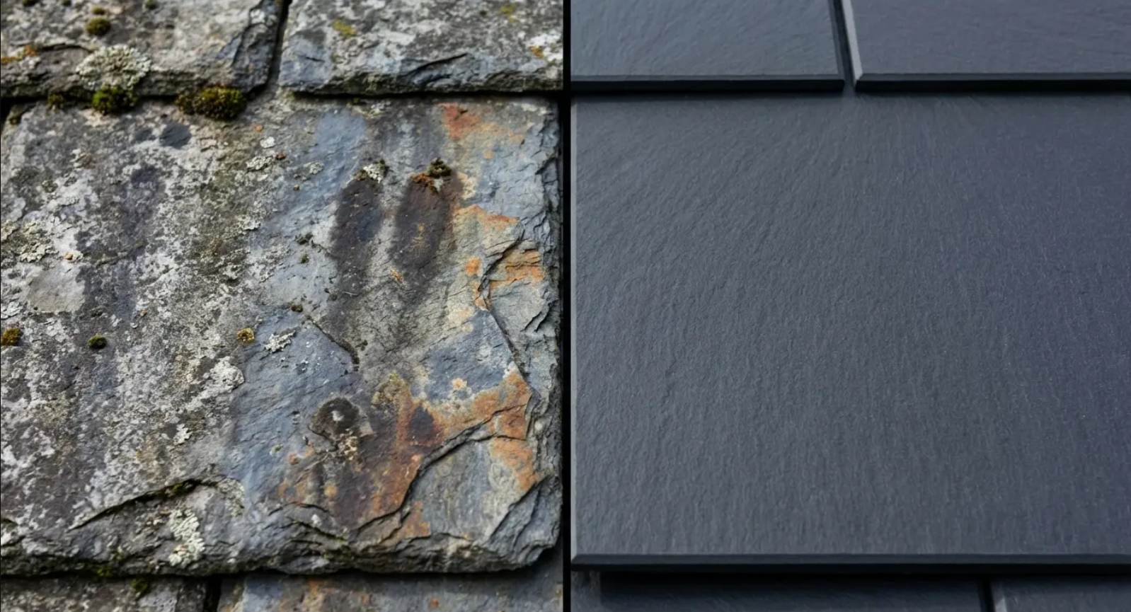 Comparison of old, weathered slate roof tiles on the left and new, dark gray tiles on the right.