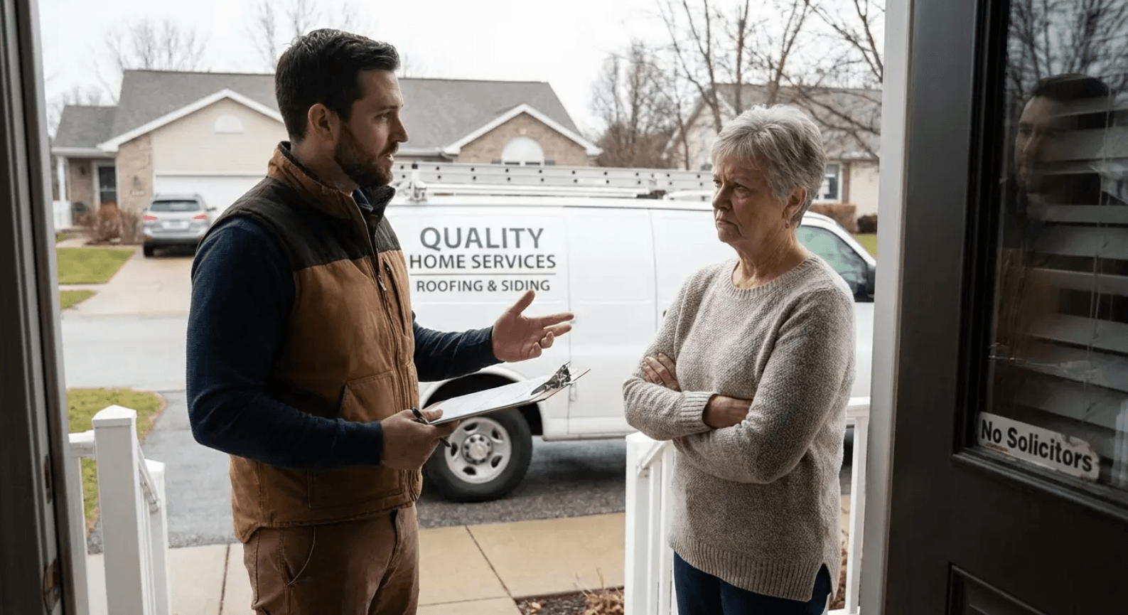 Homeowner verifying roofer license and insurance during contractor consultation at the front door