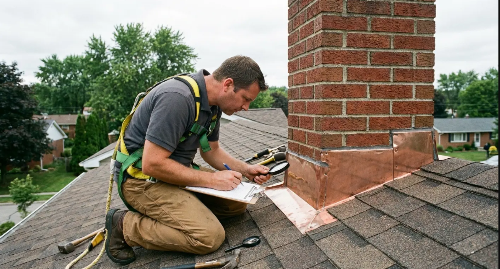 Our inspector checks your chimney flashing and roofing details during an on-site audit.