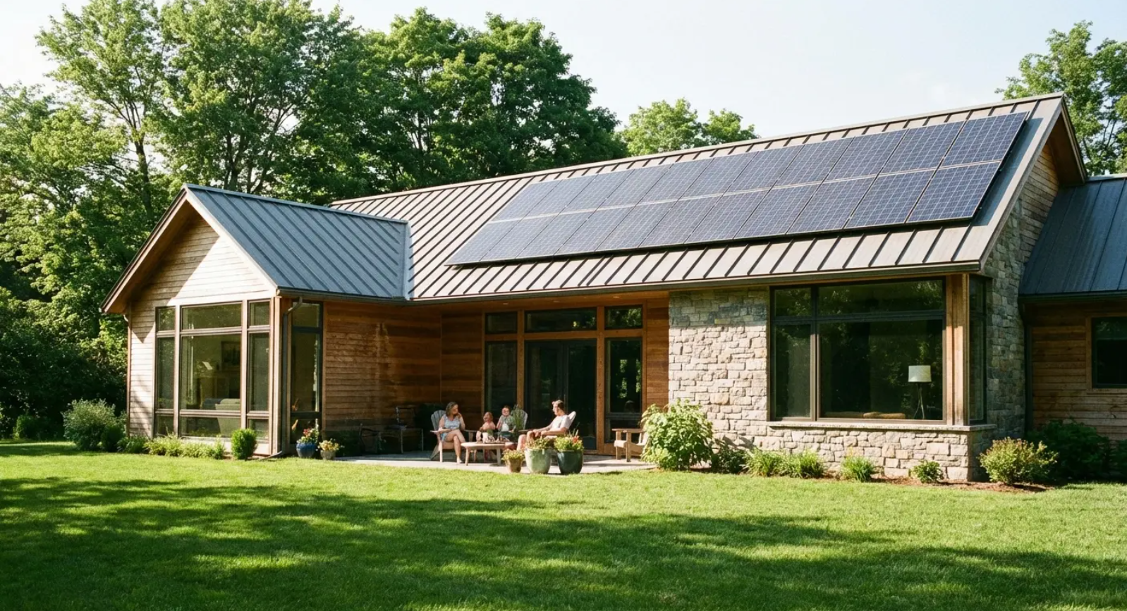 A home with modern metal roofing and solar panels showcasing sustainable and stylish metal roofing.