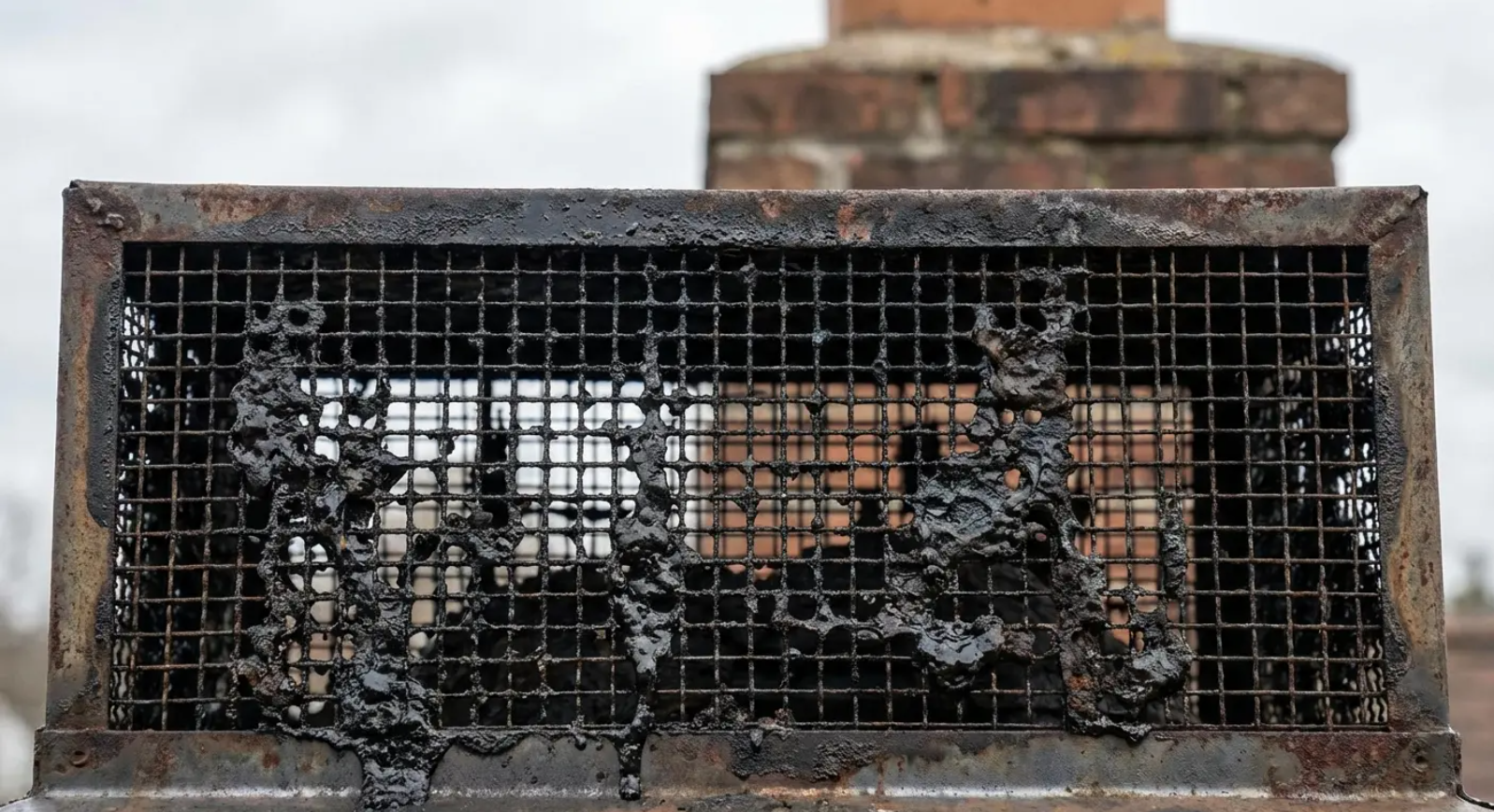 A soot-covered metal mesh chimney cap, with a brick chimney in the blurred background.
