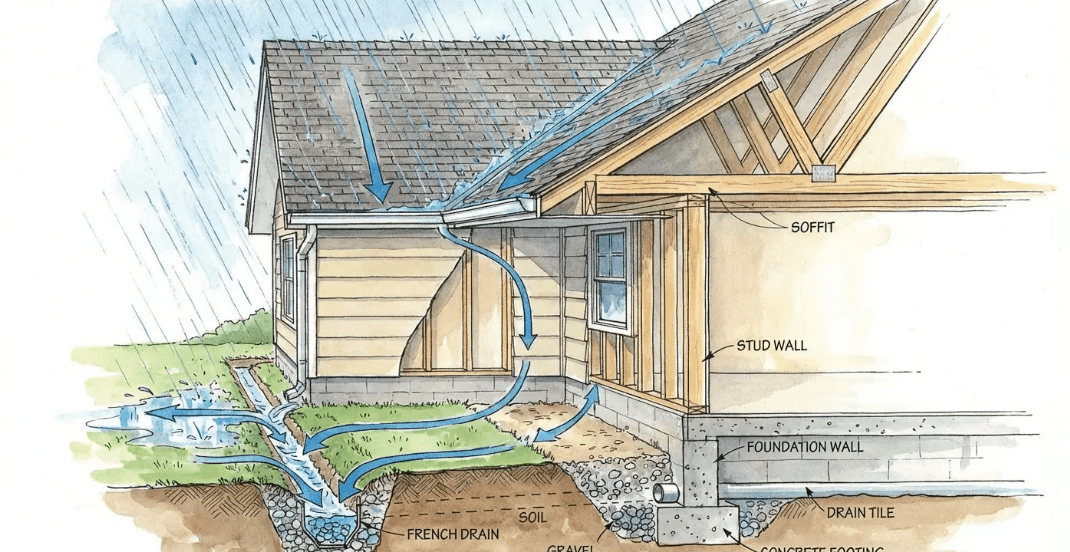 Roof overhang diagram: rainwater flows into gutters and away from the foundation