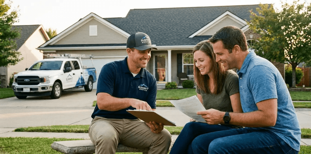 Homeowners reviewing roofing estimate with contractor during consultation, similar to decisions discussed in roof maxx reviews
