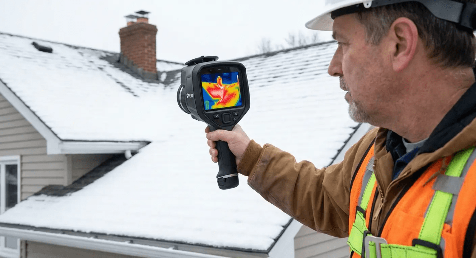 Inspector scanning a snow-covered roof with a thermal imaging camera to detect hidden moisture invisible to the naked eye
