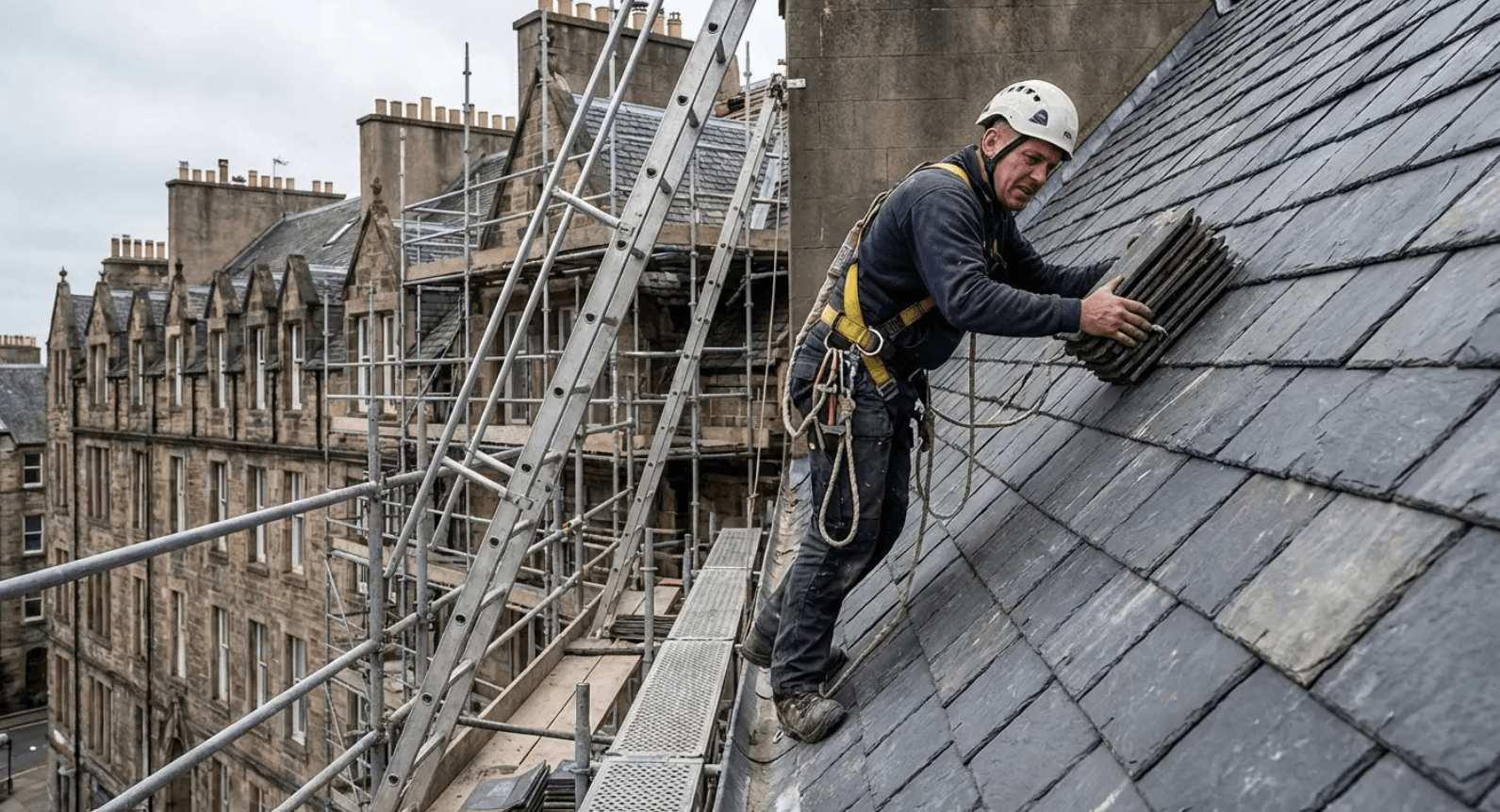 Roofer working on steep high-access townhouse roof - a key factor that drives up roof leak repair cost