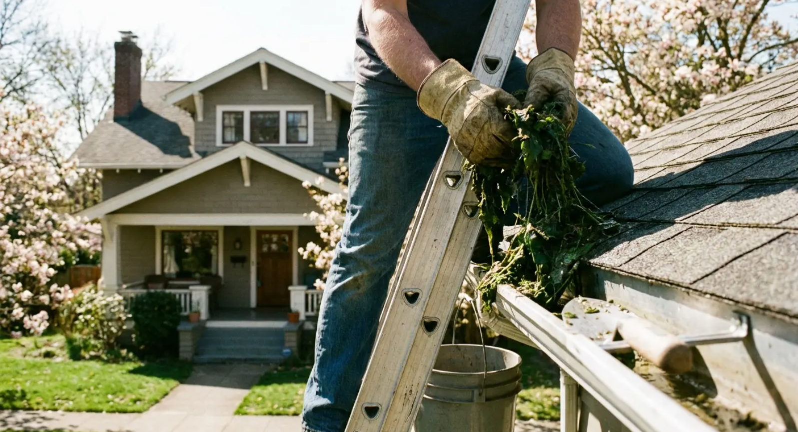 Clearing leaves from gutters to prevent winter clogs and protect your home from damage.
