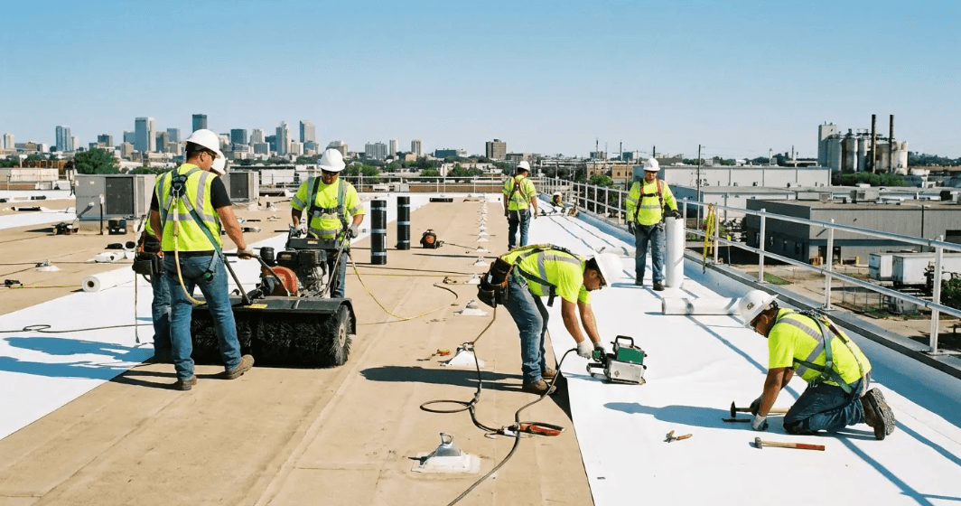 Roofing crew installing commercial flat roof system with materials and labor affecting overall replacement cost