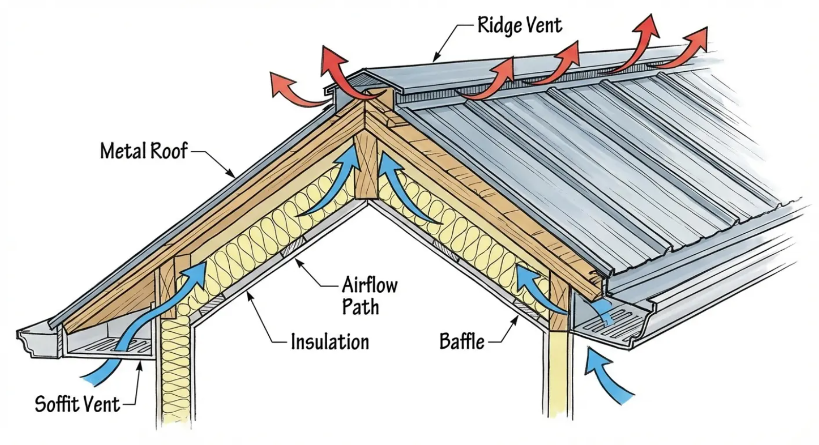 Diagram of a metal roof showing airflow. Air enters through soffit vents and exits through ridge vents.