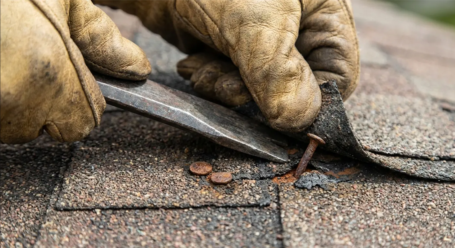 Gloved hands using a pry bar to remove a nail from a weathered asphalt shingle on a roof.