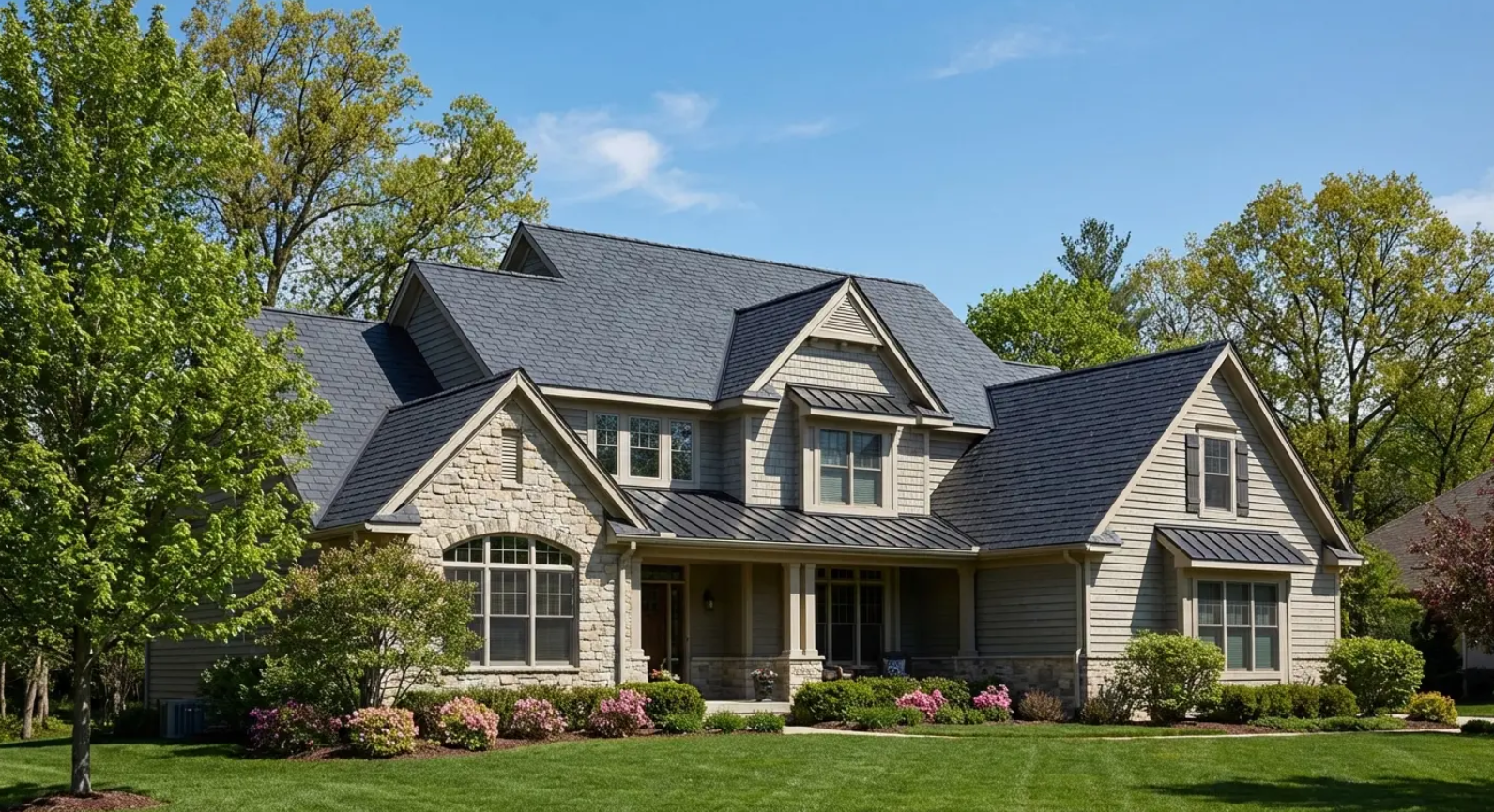 Stone-clad two-story house with a blue-gray roof. Lush green lawn with trees and blue sky.