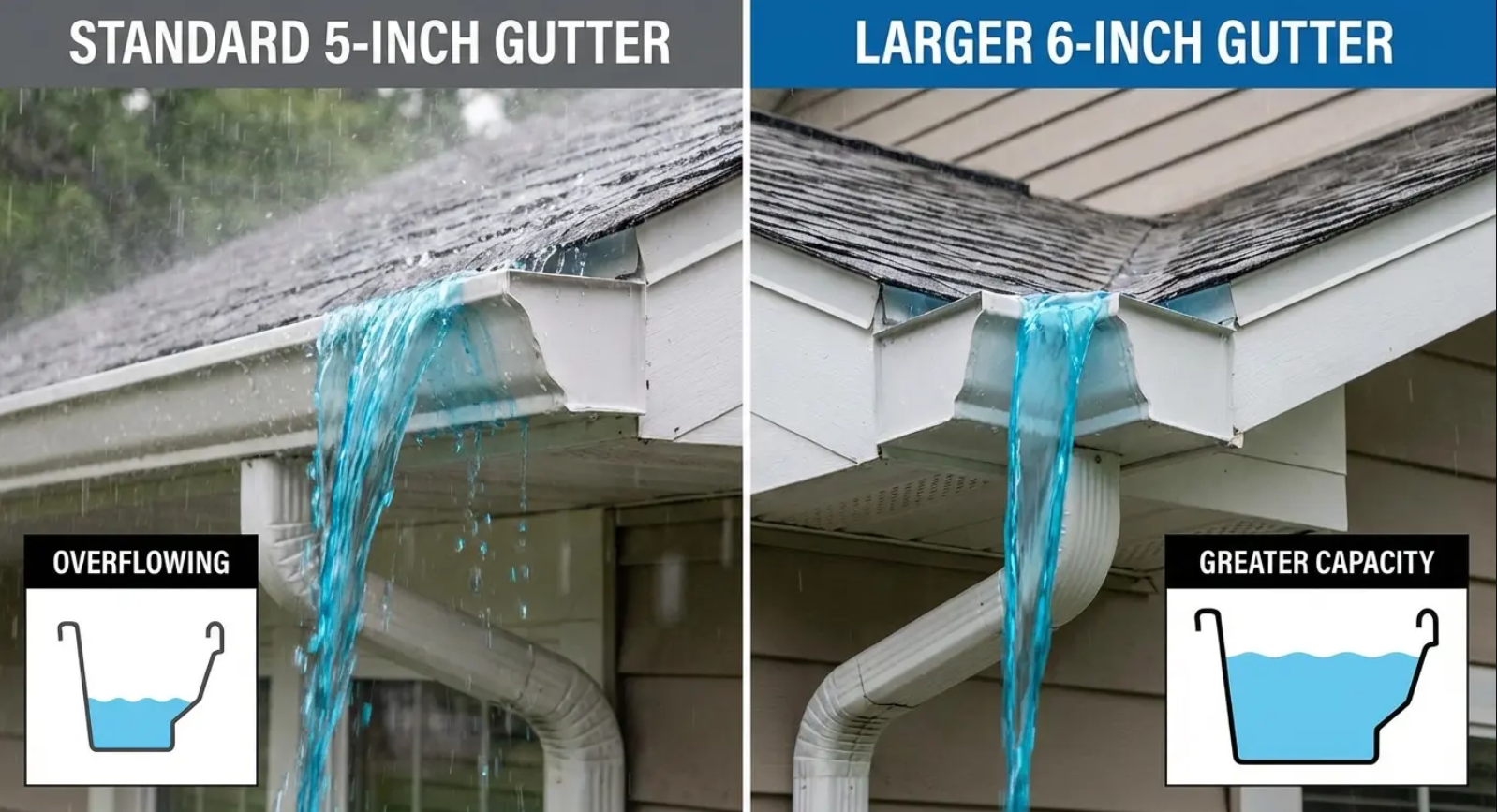 Comparison of a 5-inch and 6-inch gutter, showing water overflow in the smaller gutter and greater capacity in the larger one