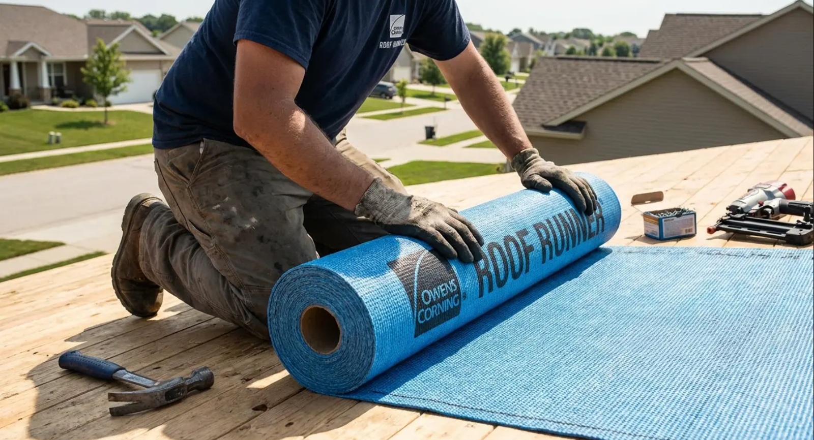 A contractor installing synthetic underlayment on a roof deck as part of a roof repair project.