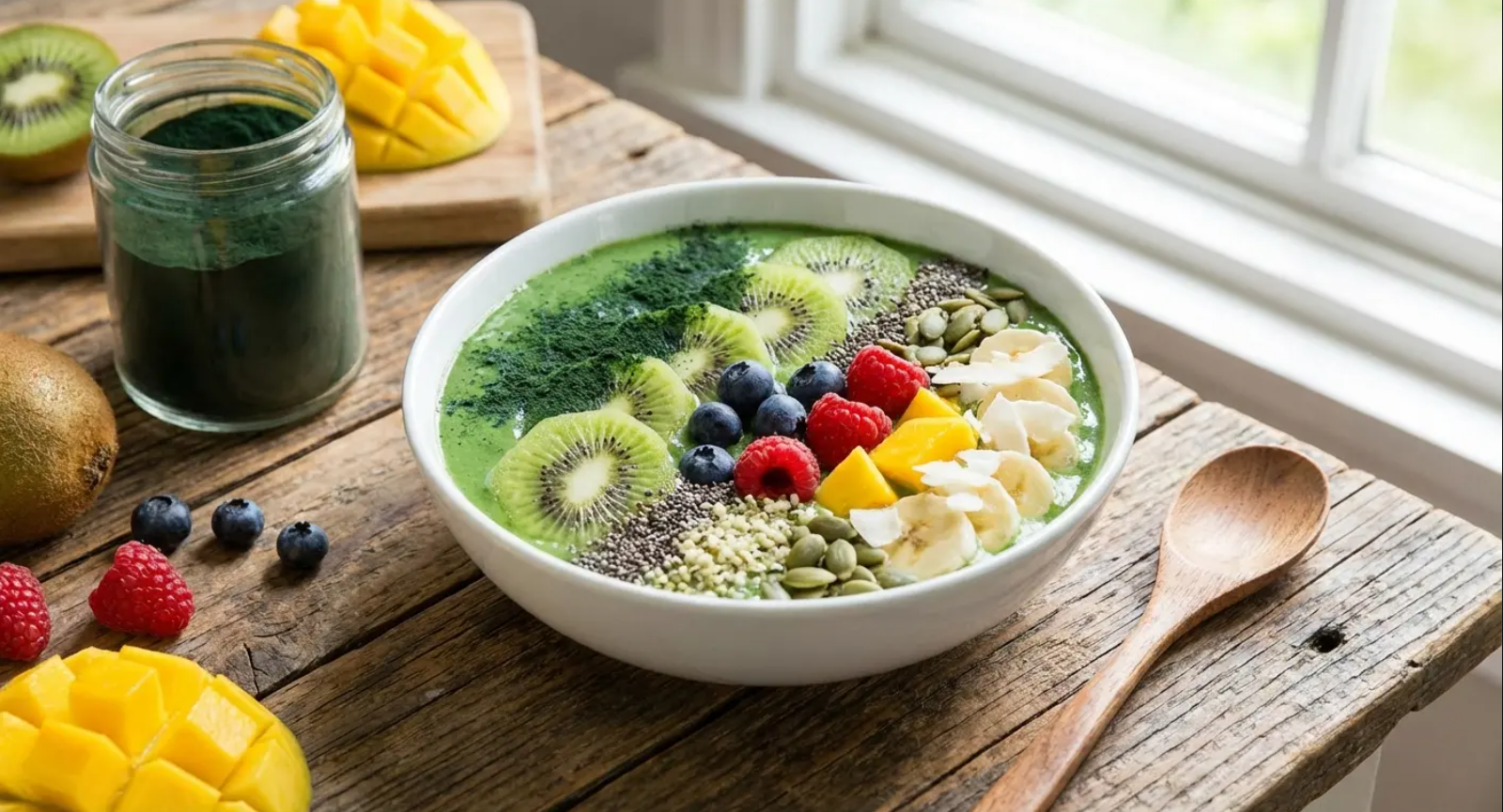 A colorful smoothie bowl with kiwi, berries, mango, and seeds on a rustic wooden table.