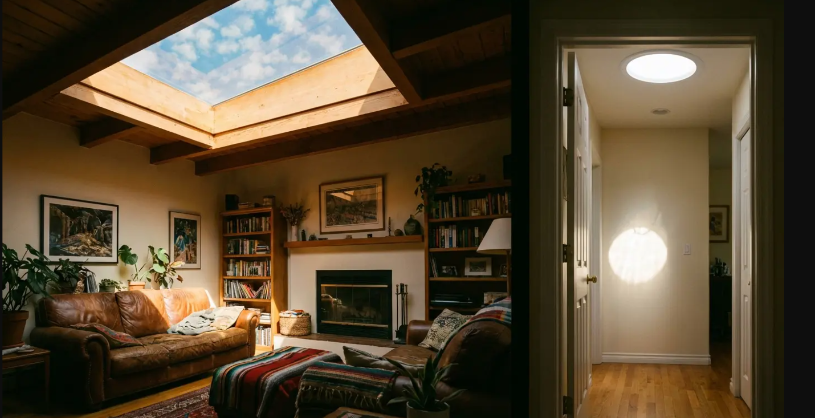 Two interior views showcasing rooms with skylights, one square and the other circular, allowing natural light.