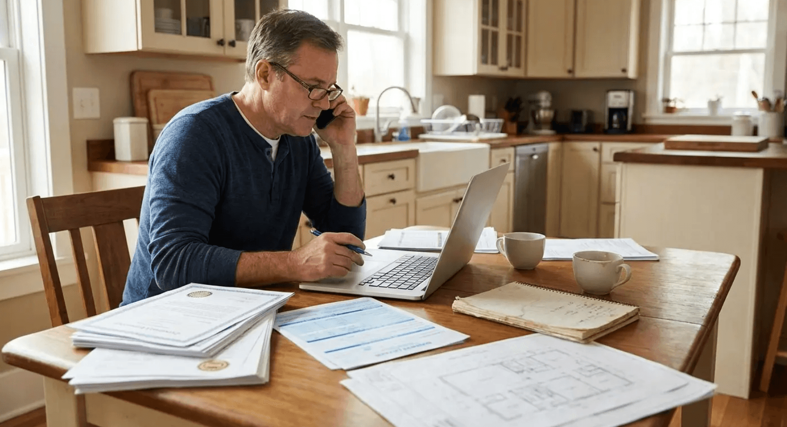 A homeowner researching roofing contractors and reviewing documents before choosing the best type of roof for his home.