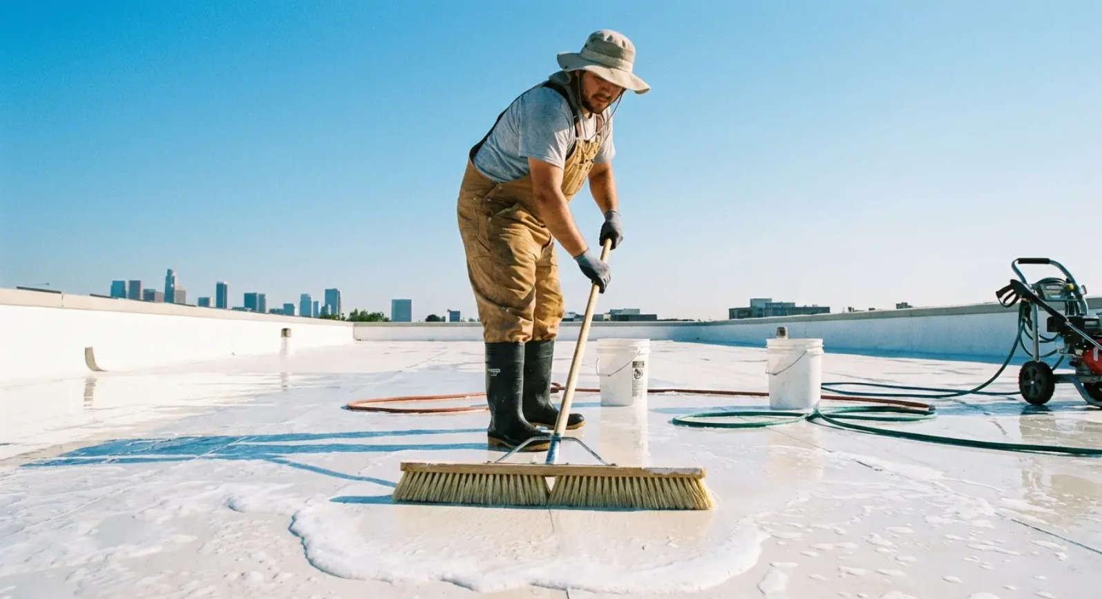Person on a rooftop, sweeping white cleaning solution. City skyline visible in background. Sunny day.