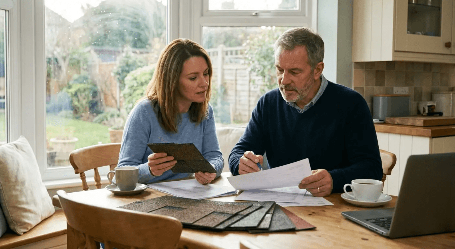 Homeowners reviewing estimates and shingle samples to understand true roof replacement costs.