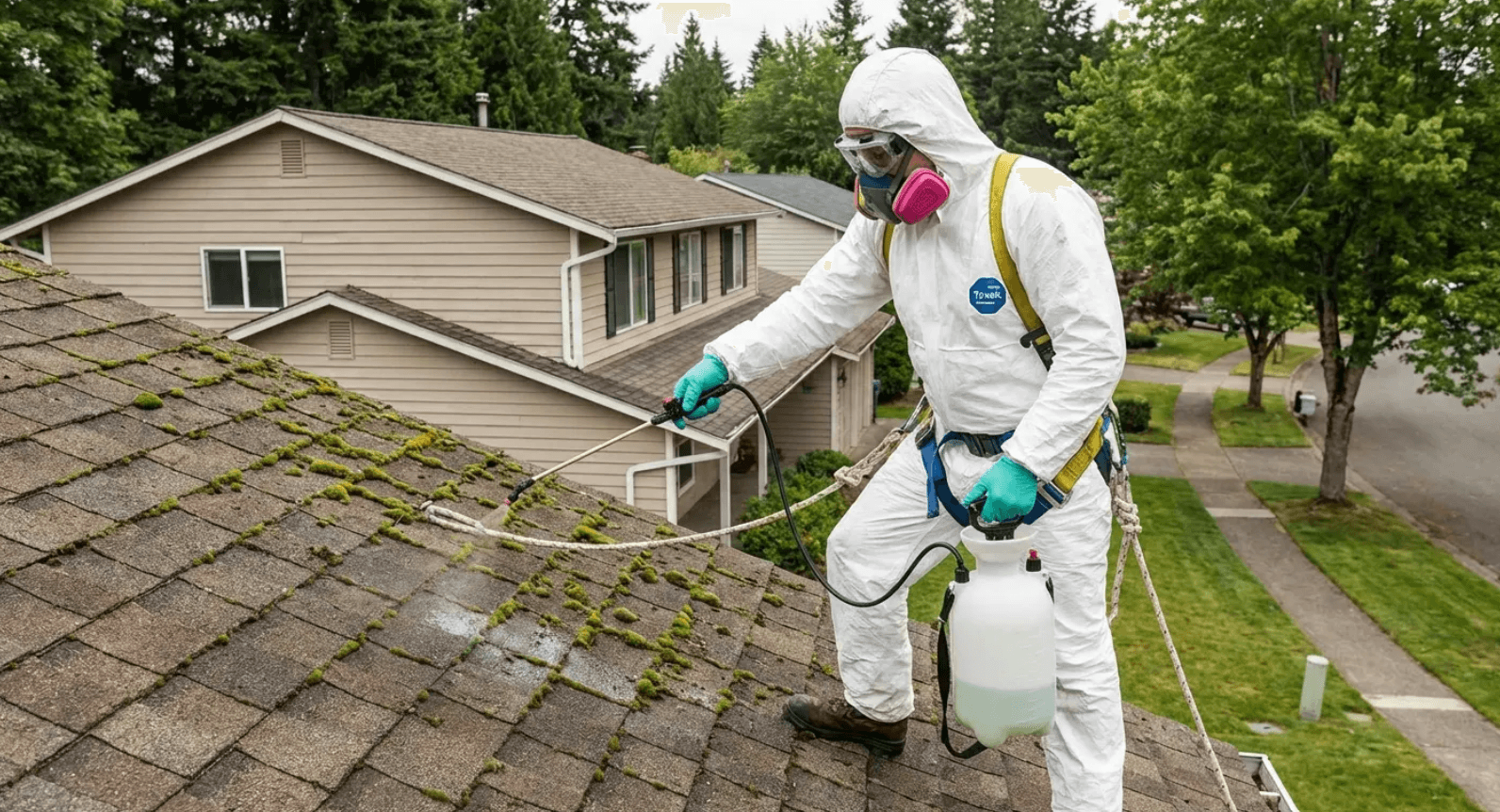 A professional performing roof moss removal on residential shingles.