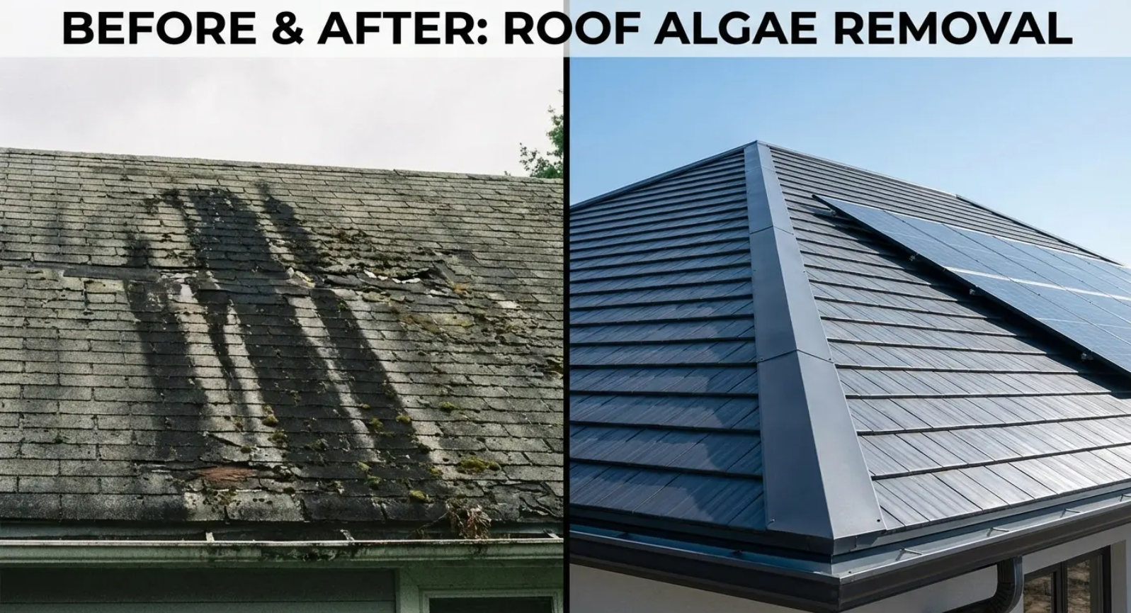 Before and after comparison of a roof affected by algae, then cleaned. The cleaned roof is blue-gray and shiny.