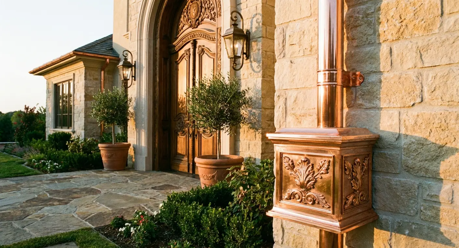 Ornate copper mailbox and downspout on a stone building, front door with potted trees.