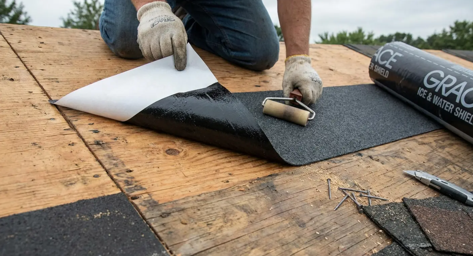 Person applying Grace Ice & Water Shield roofing membrane to wooden roof deck.