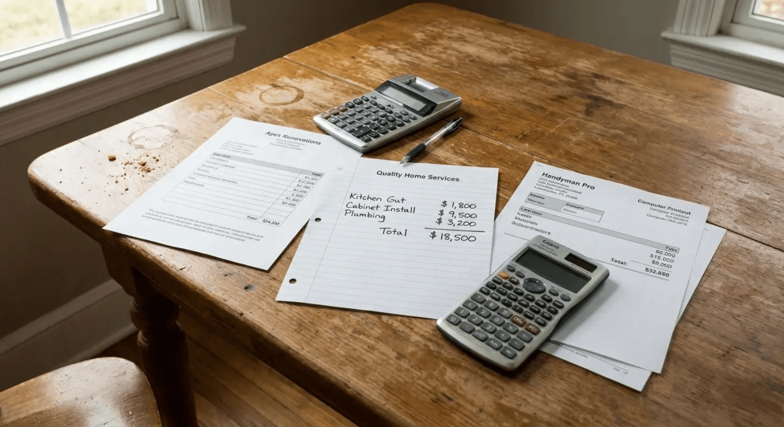 Multiple contractor quotes spread on a table - why identical jobs produce wildly different numbers