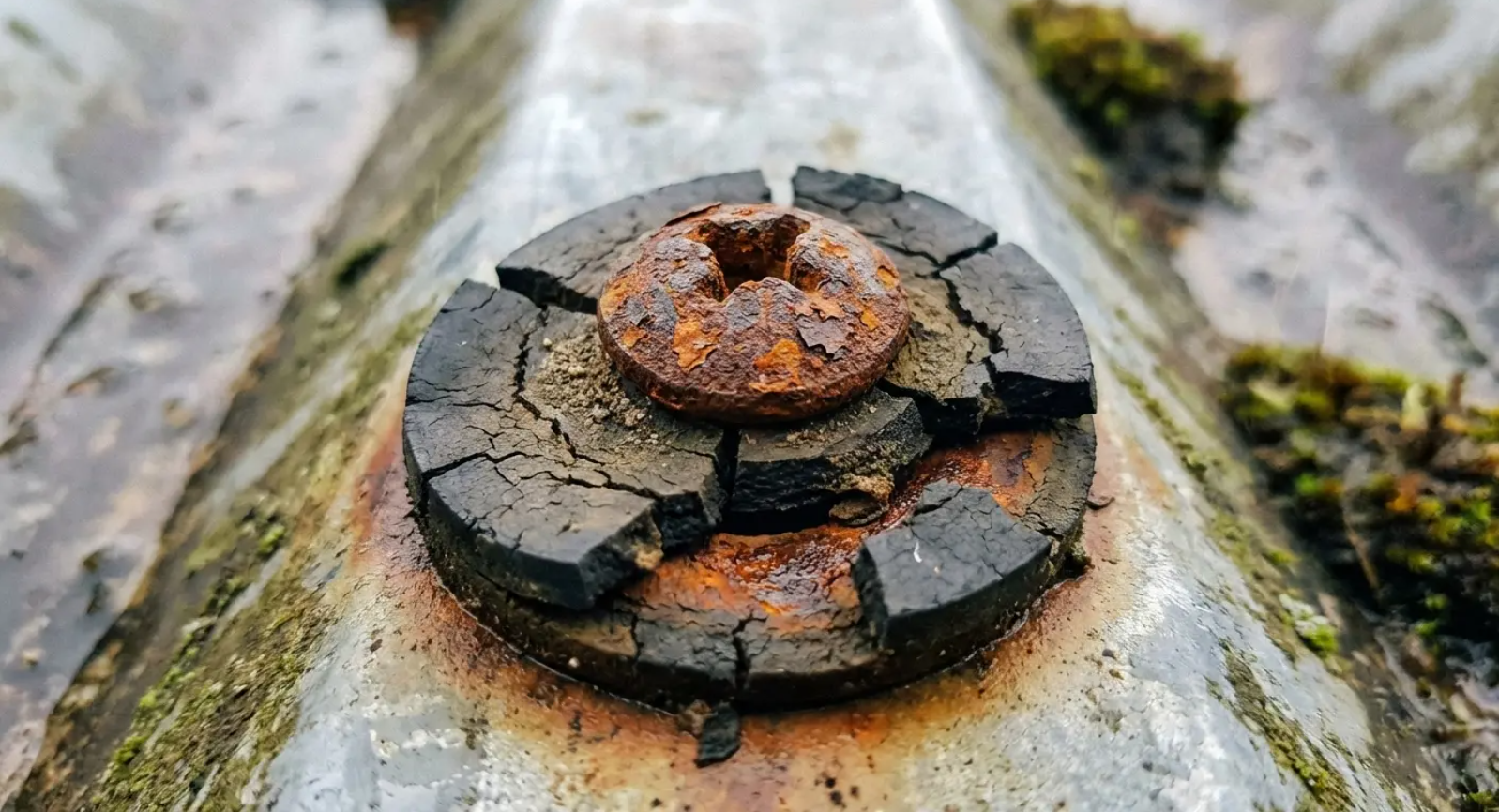 Close-up of a rusted screw and cracked black washer on a corrugated metal roof, with moss.