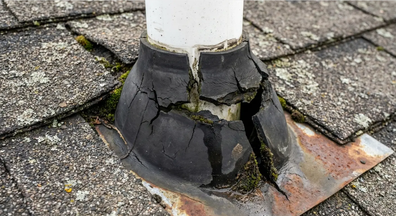 Cracked and deteriorated roof pipe flashing around a vent pipe on a shingled roof.