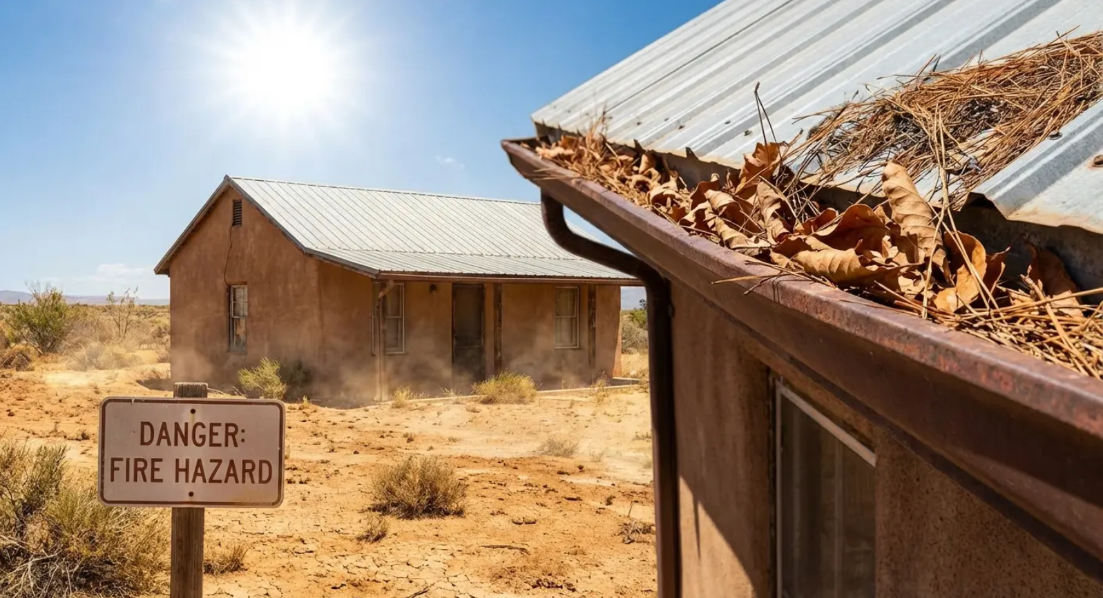 A dry desert landscape with a house, a sign that reads 