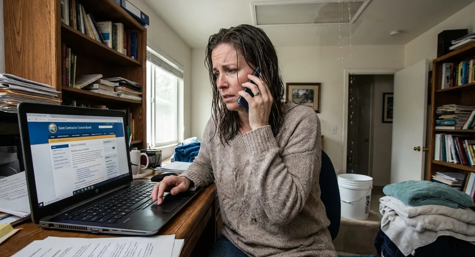 Homeowner confronting an emergency roof leak situation where quick decisions can prevent costly stru
