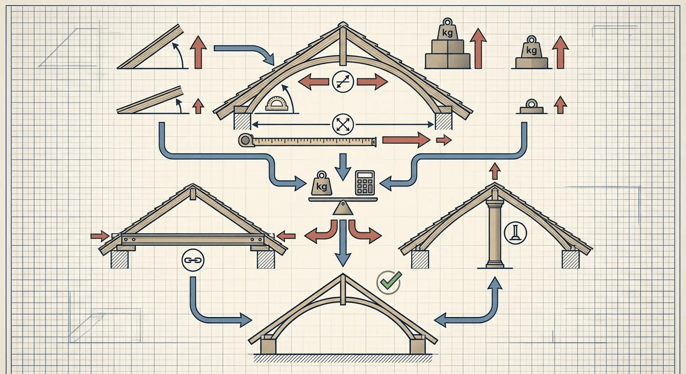 Lateral thrust calculation diagram showing force vectors in a vaulted roof system