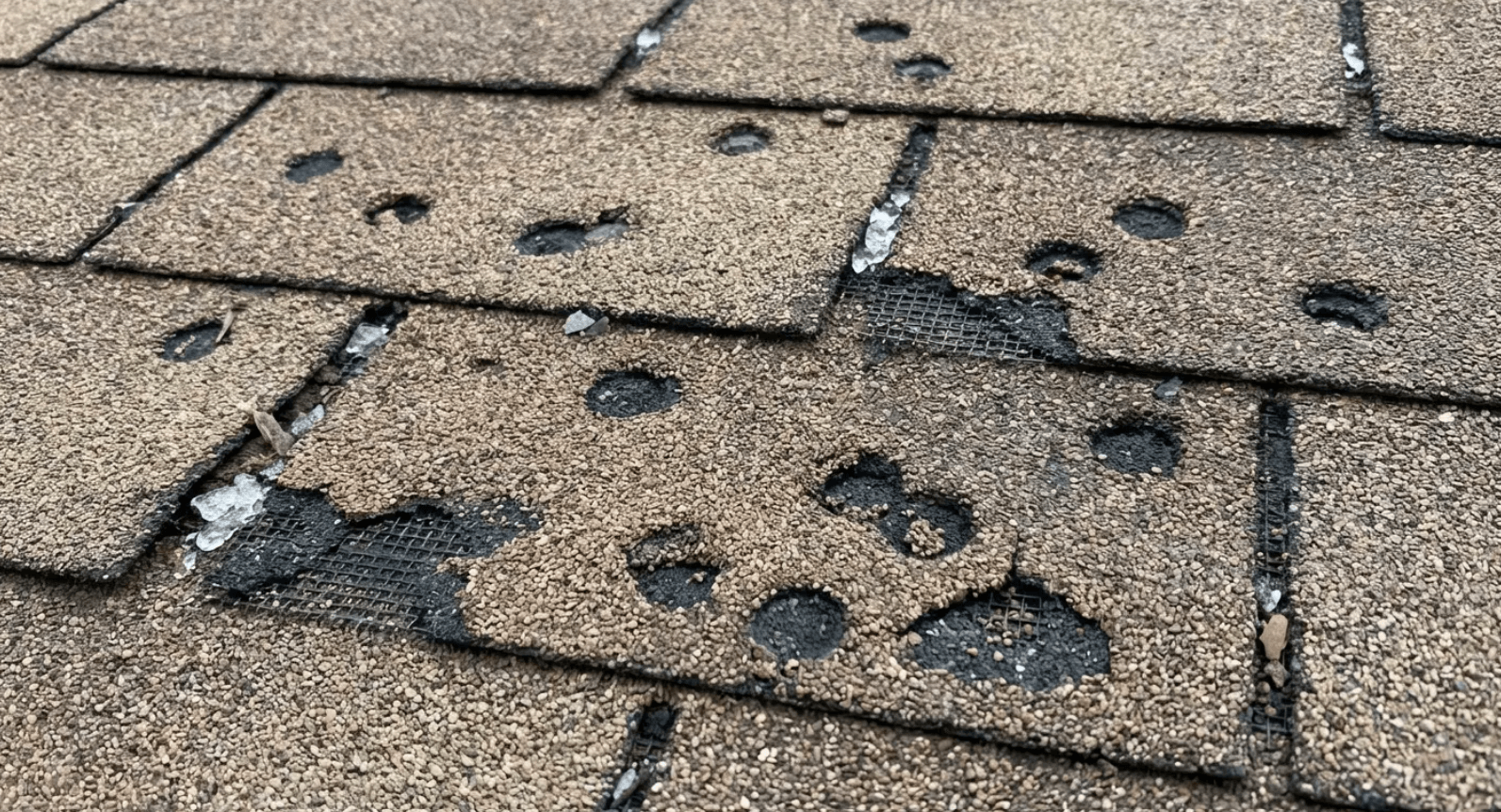 Close-up of hail-dimpled shingles with granule loss - cosmetic damage used to justify replacements that repair could handle