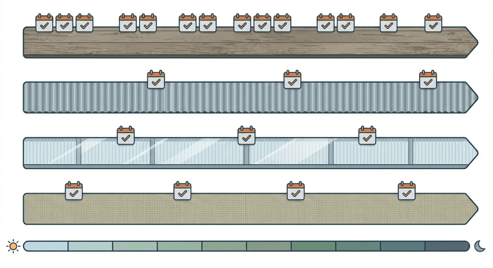 Timeline diagram comparing maintenance schedules across wood, metal, composite, and polycarbonate patio roof ideas over ten years