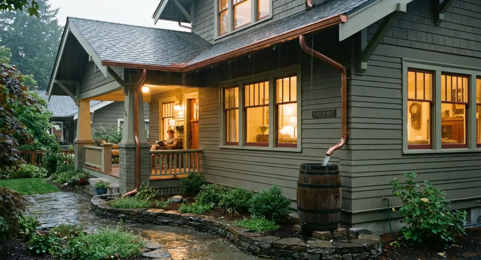 Green house with porch and rain gutter leading to a wooden barrel in rain.