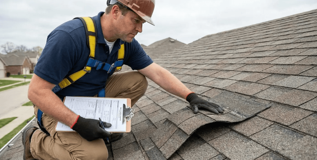 Professional roofer checking asphalt shingles for damage and wear during inspection