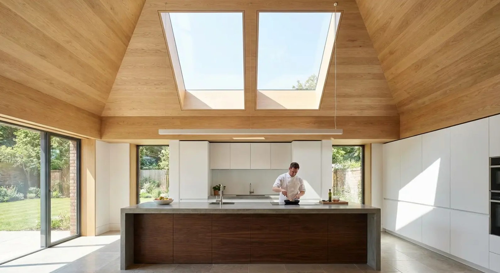 Modern kitchen with skylights; a person stands at island counter. Wooden ceiling, white cabinets, and outdoor view.