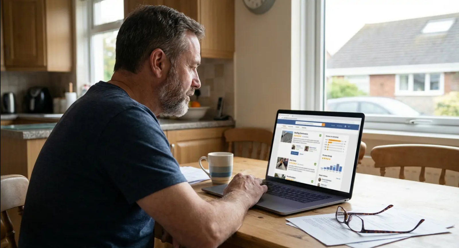 Man in kitchen using laptop at table with window view. Coffee mug, papers, and glasses nearby.
