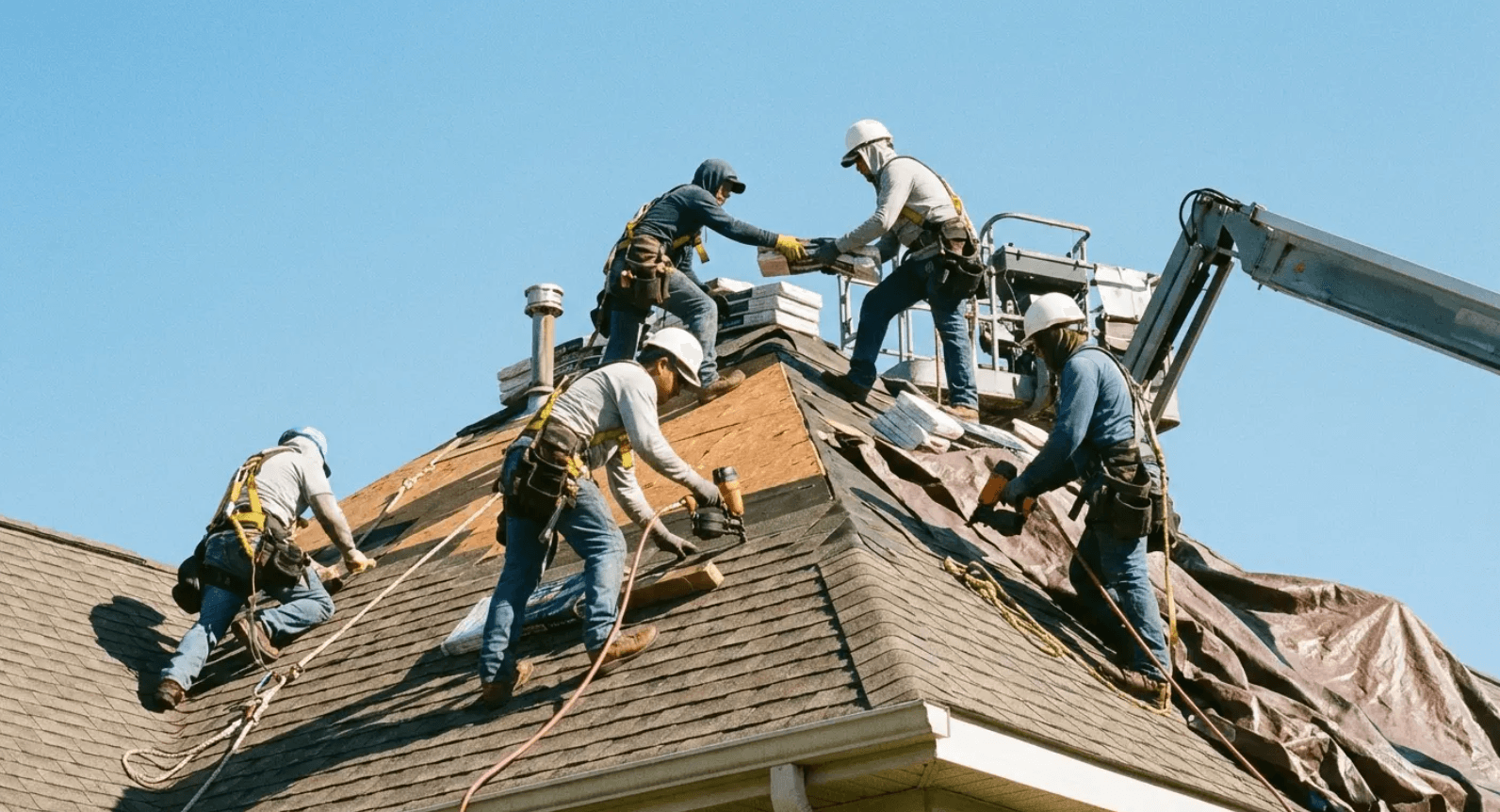 Roofing crew installing shingles on a residential roof, illustrating how labor and crew quality affect roof replacement cost.