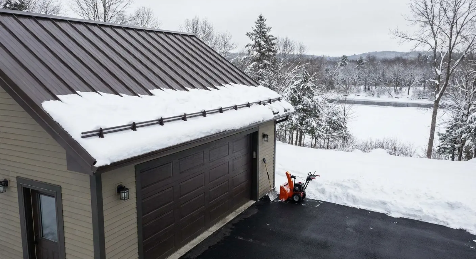 Snow sliding off metal roofs with snow guards installed to prevent sudden snow drops.