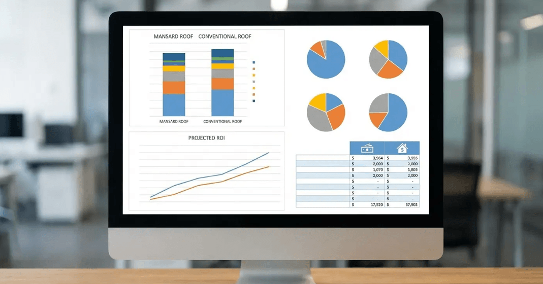 Building performance and ROI charts comparing usable space and returns between different roof types
