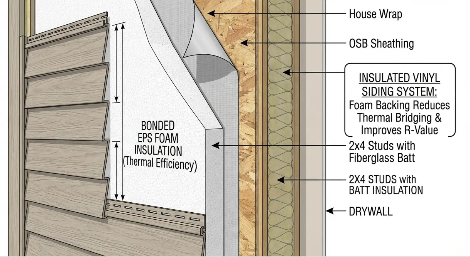 Cross-section of an insulated vinyl siding system layers: vinyl siding, foam insulation, OSB, house wrap, and drywall.