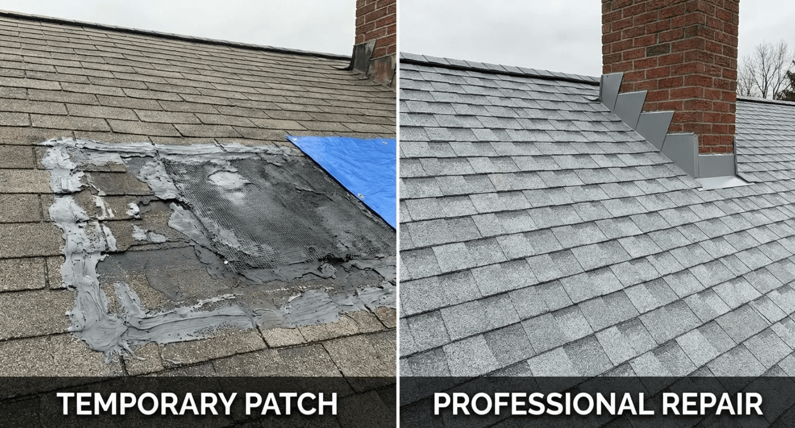 Side-by-side comparison of a temporary patch and a professional repair — choosing right affects total roof leak repair cost