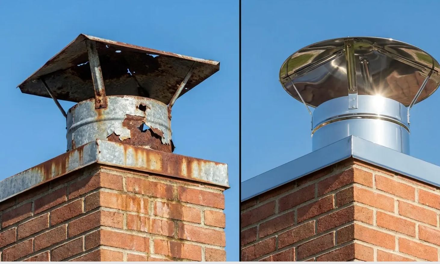 Comparison of rusty and new chimney caps on a brick chimney against a blue sky.